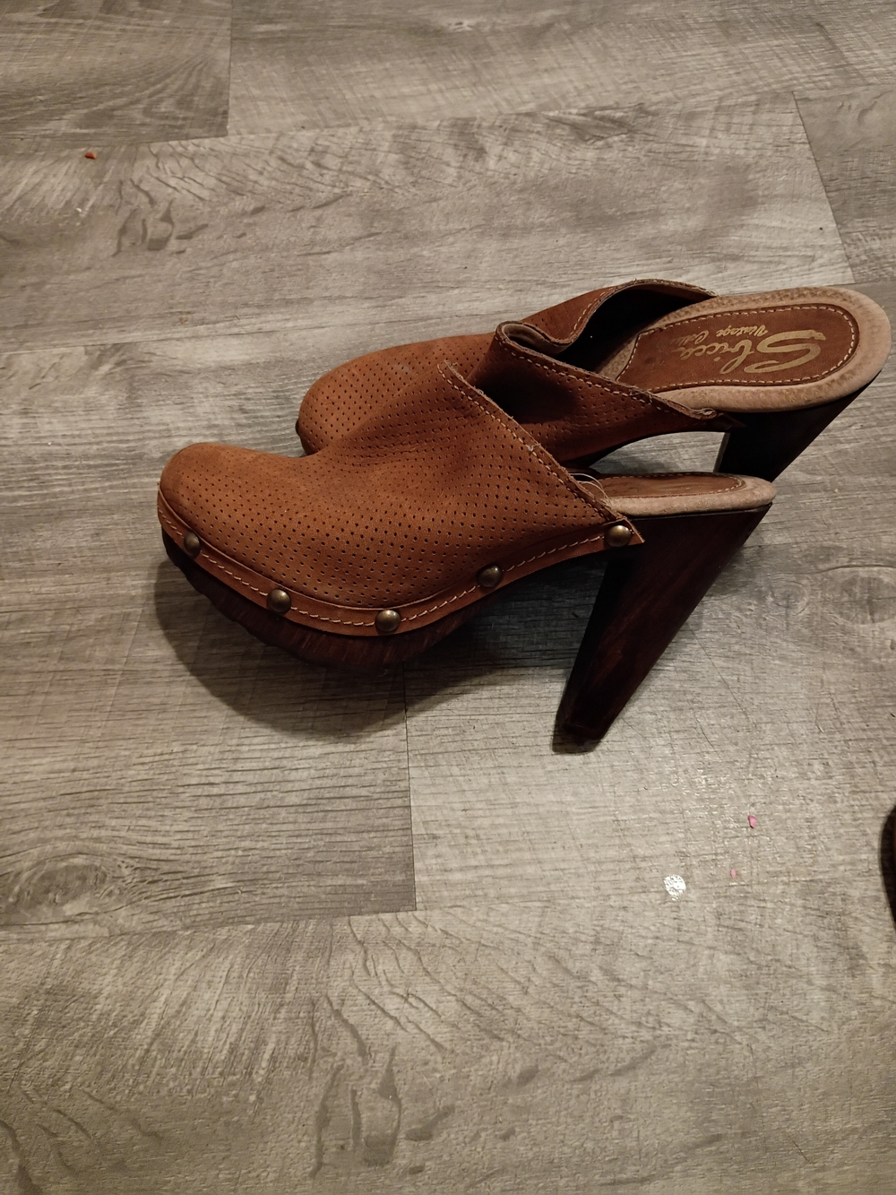 Sbicca Brown Perforated Studded High-Heel Clogs
